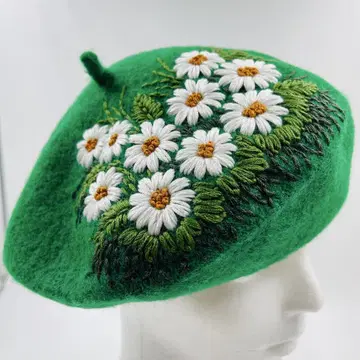 그린 컬러 꽃 자수 울 베레모