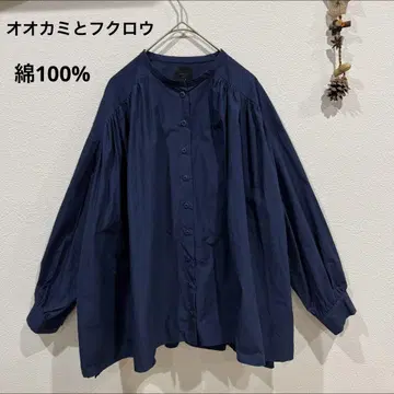 늑대와 올빼미 셔츠 면100% 밴드 카라 개더 셔츠 F