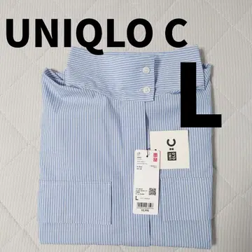 유니클로C 코튼 스탠드 카라 셔츠 자켓 스트라이프 블루 L