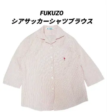 FUKUZO 시어서커 셔츠 블라우스 스트라이프 로고 상의 M