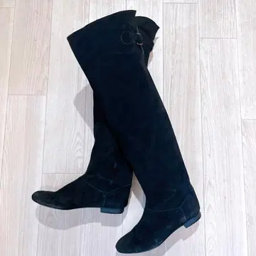 블랙 천연 가죽 스웨이드 니하이 부츠 23.5cm