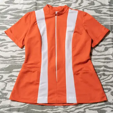 새상품급 70s JCPenney 오렌지 스트라이프 반팔 지퍼 셔츠