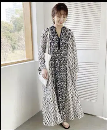 [누키테파] 코튼 자카드 콤비 프린트 패널 드레스