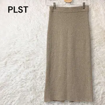 PLST 울 리브 니트 롱 타이트 스커트 베이지 S 미 실루엣
