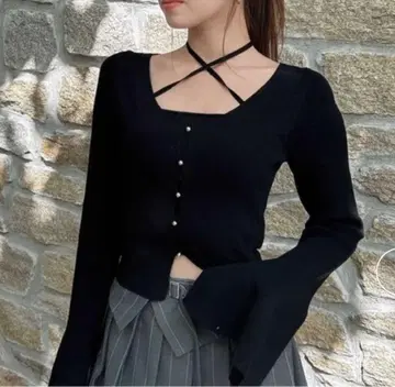 Dazzlin 가디건 타이트 레이어드 리본 상의 블랙