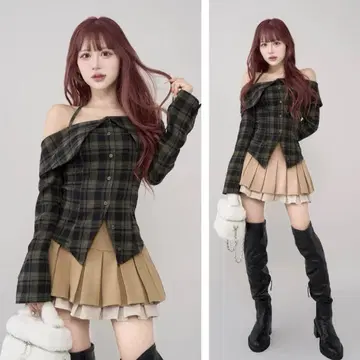 Darich 홀터 오프숄더 체크 셔츠 KHA