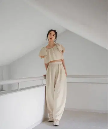 mideal 린넨 블렌드 프릴 상의, 팬츠 셋업