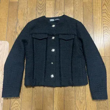 ZARA 블랙 트위드 자켓 XS 골드 버튼 노카라