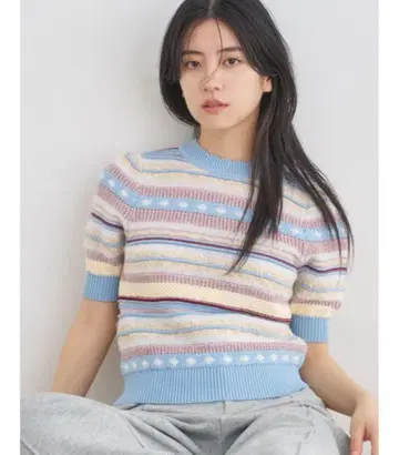 릴리 브라운 팬시 랜덤 보더 니트 반팔 니트