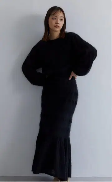 casa fline/셔링 니트 드레스 블랙 울 혼방