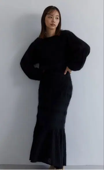 casa fline/셔링 니트 드레스 블랙 울 혼방