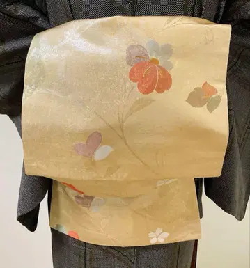 나고야 오비 금색 꽃무늬 순수 실크
