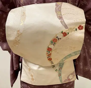나고야 오비 아이보리 계열 꽃 문양 흐르는 물 순수 실크