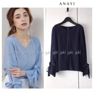ANAYI 실크 데신 리본 슬리브 블라우스 38 네이비