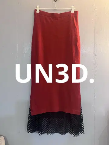 UN3D. 니트 스커트 빨간색 메쉬 밑단