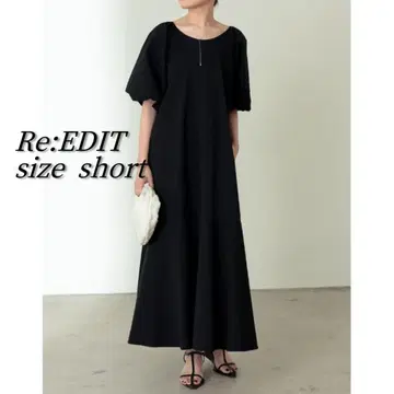 Re:EDIT 볼륨 슬리브 코튼 플레어 원피스 블랙 반팔
