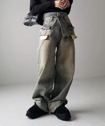 meem select 더블 허리 데미지 레이어드 빈티지 루즈 데님