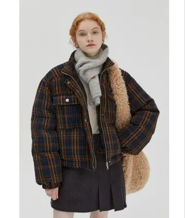 다운 다운 자켓 숏 기장 체크 무늬 PUFFA 다운 자켓