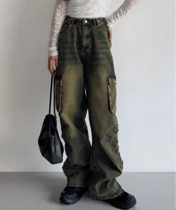 사이드 개더 데님 카고 팬츠 S