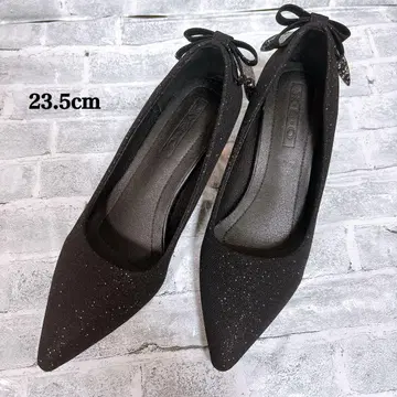 라메 블랙 펌프스 23.5cm 리본 비쥬 발레코어 스틸레토
