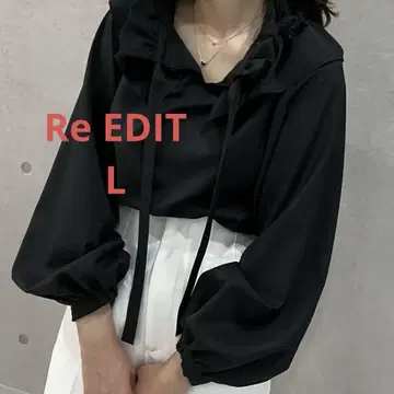 [ 완판 ReEDIT 리디 L ] 개더 리본 프릴 블라우스 블랙 포멀