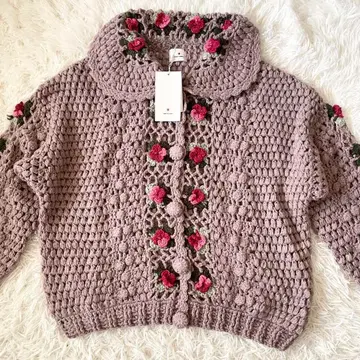택 포함 merry jeny 크로셰 가디건 장미 모티브 핑크 보라색