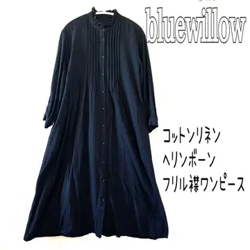 bluewillow 코튼 린넨 헤링본 프릴 옷깃 원피스 턱