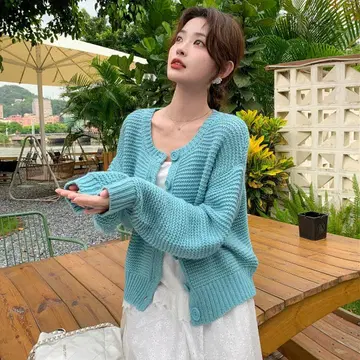 아쿠아 블루 니트 가디건 긴팔