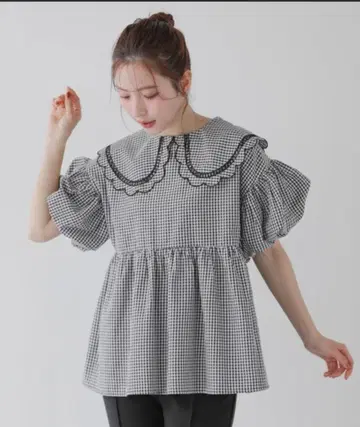 깅엄 스캘럽 옷깃 블라우스 핏모아 깅엄 체크 빅 칼라