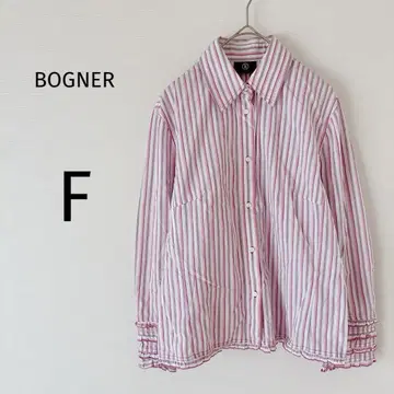보그너 셔츠 긴팔 여성용 소매 프릴 귀여운 스트라이프 핑크 F