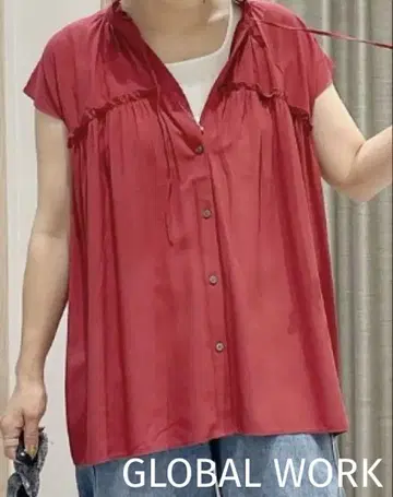 글로벌 워크 블라우스 시원한 릴랙스 넥 프릴 레드