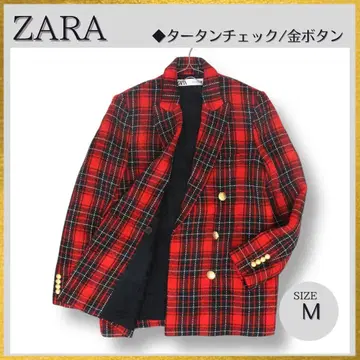 컨디션 최상 ZARA 타탄 체크 트위드 골드 버튼 테일러드 자켓 M