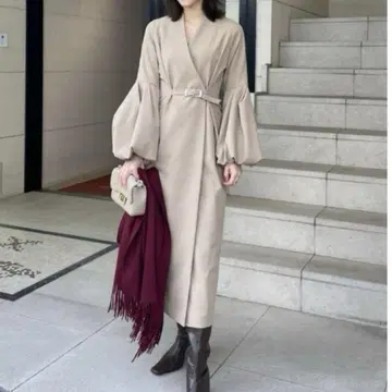 anuans 볼륨 슬리브 내로우 원피스 베이지 M