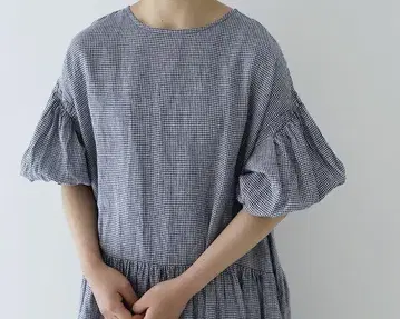 nest Robe 린넨 벌룬 슬리브 깅엄 원피스