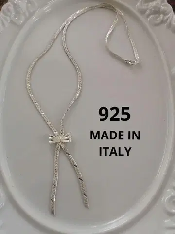 은제 925 ITALY 각인 리본 모티브 헤링본 목걸이 실버