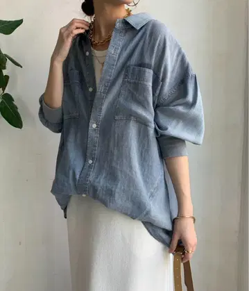 DouDou 소매 리브 시어 데님 셔츠 색스 블루