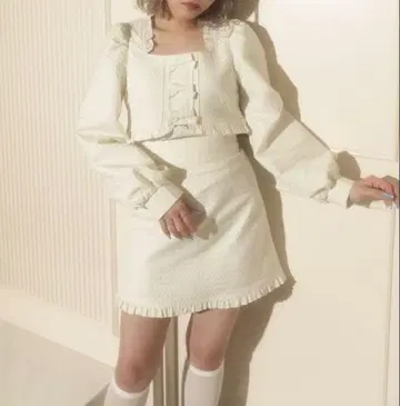 bubbles 리본 크롭 체크 셋업 아이보리