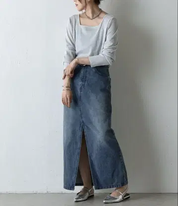 프론트 슬릿 데님 롱 스커트