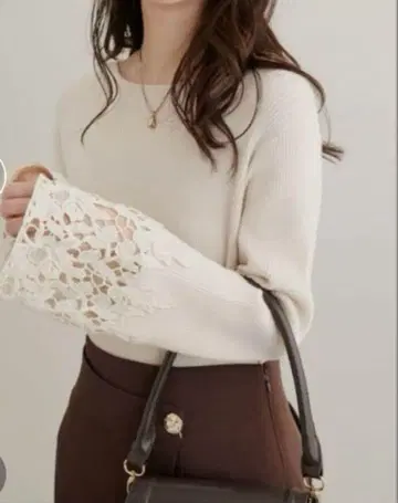 내추럴 꾸뛰르 소매 레이스 리브 니트 베이지
