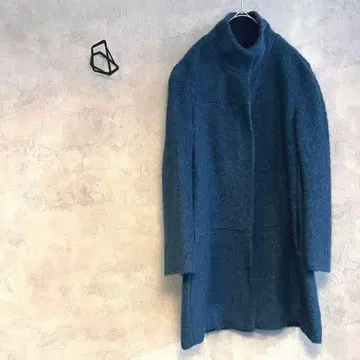 ZARA BASIC 스탠드 카라 코트 미들 기장 모헤어 혼방 블루그린