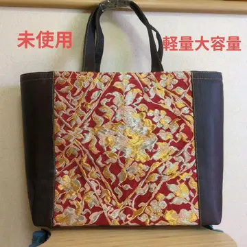 미사용 오비백 빨간색과 금색 자수 토트백 브라운 경량 대용량