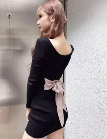 GYDA 백리본 원피스 골지 미니 원피스 긴팔 블랙