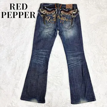 RED PEPPER Y2K 로우라이즈 플레어 깃털 자수 데님 청바지