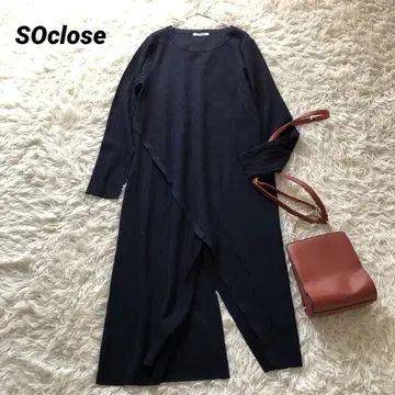 soclose [ L ] 리브 코튼 혼방 롱 슬릿 원피스 스트레치 네이비