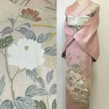 순수 실크 꽃 문양 금채  호몬기 이중 기모노