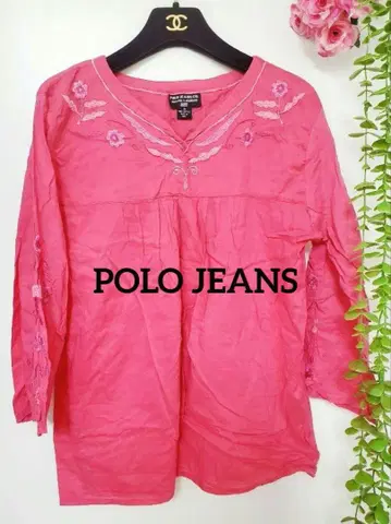 POLO JEANS CO 폴로 핑크 자수 블라우스 스모크 면