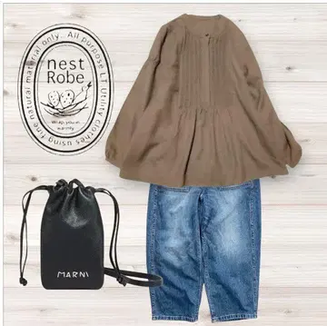 nest Robe 울 100% 핀턱 스탠드 카라 스모크 블라우스