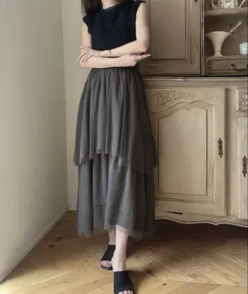 [ 미사용 새상품 ] Meiru 랜덤 티어드 샤샤 스커트 그레이