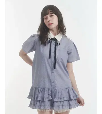 jouetie 리본 타이 헤 프릴 튜닉 셔츠