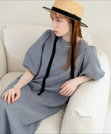 hinari 체크 무늬 퍼프 슬리브 원피스